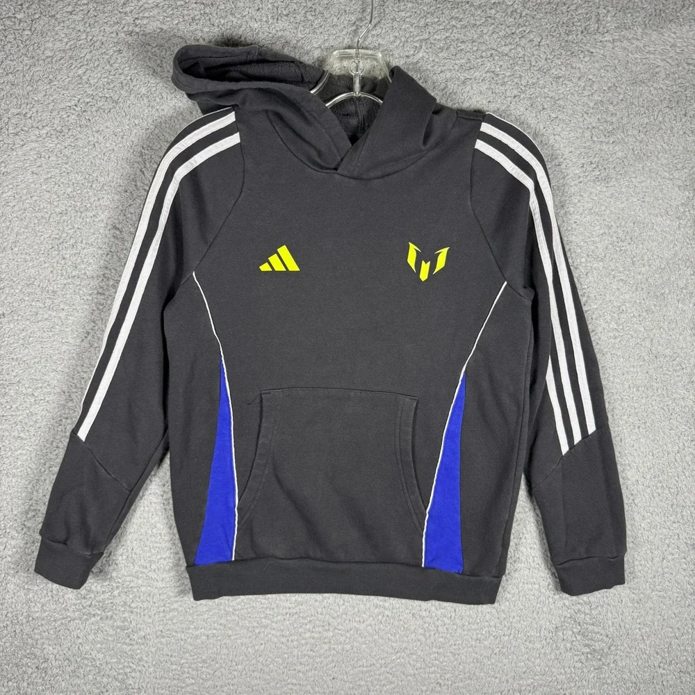 Adidas Messi Hoodie Kids Medium Black Blue Neon Yellow Pullover Sweatshirt